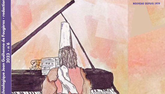 Couverture de magazine avec le dessin d'une pianiste portant une toque haute de dos